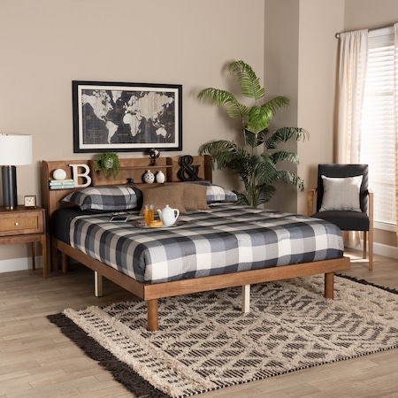 Baxton Studio Harper MidCentury Walnut Brown Finished Wood Full Size Platform Bed with Charging Station 218-11885-ZORO